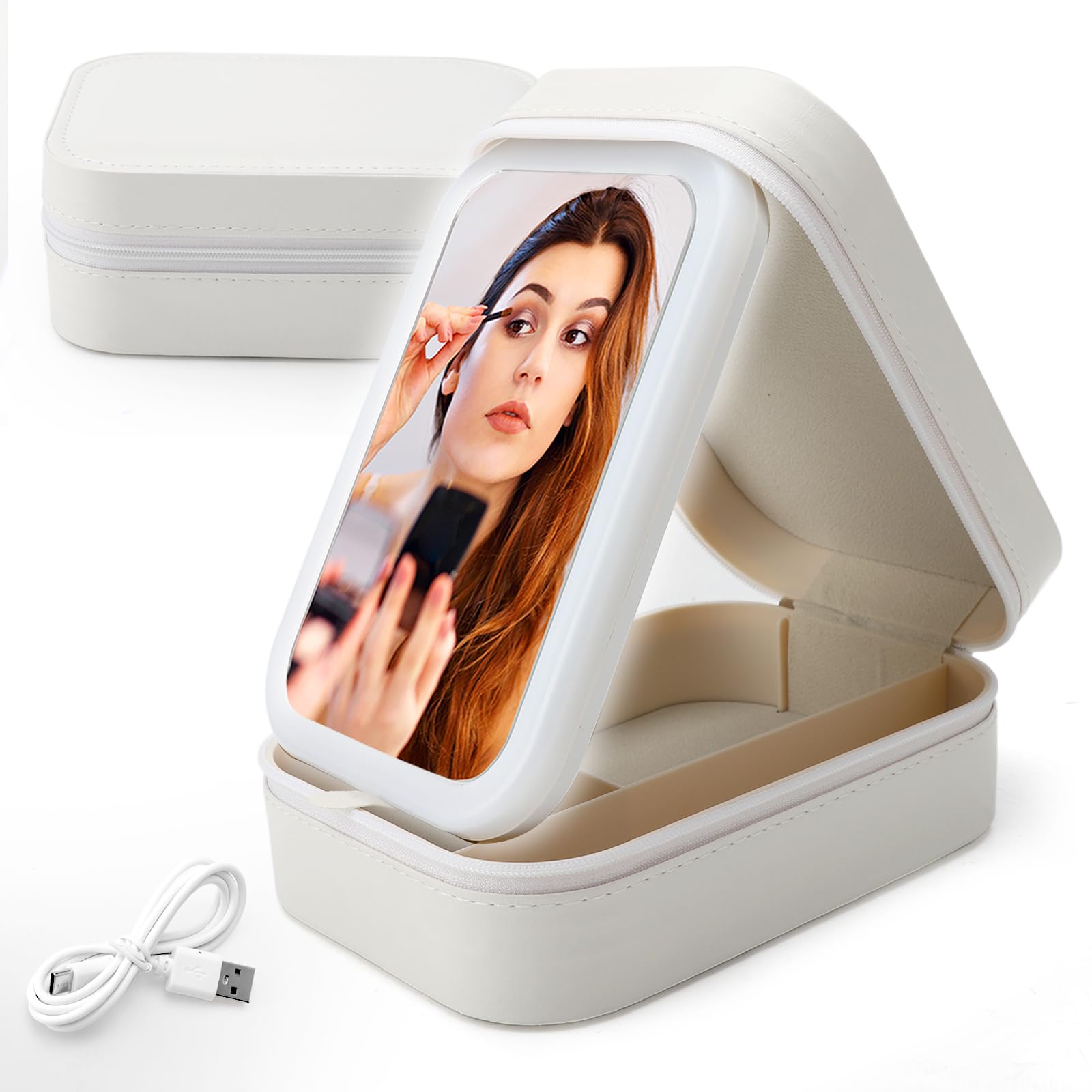 TNSLAND Neceser de Maquillaje con Espejo Iluminado Bolsa de Maquillaje con Espejo de 3 Colores Luz LED Organizador de Viaje Maletín de Maquillaje Portátil Estuche Maquillaje Blanco