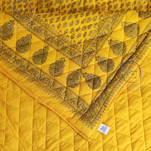 Image of Jaipuri Razai Double Bed Gold Print with Computerized Quilting Use as Soft and Breathable Cotton Comforter Quilt Rajai Blanket Dohar Size 85X100 inch Yellow Pack of 1