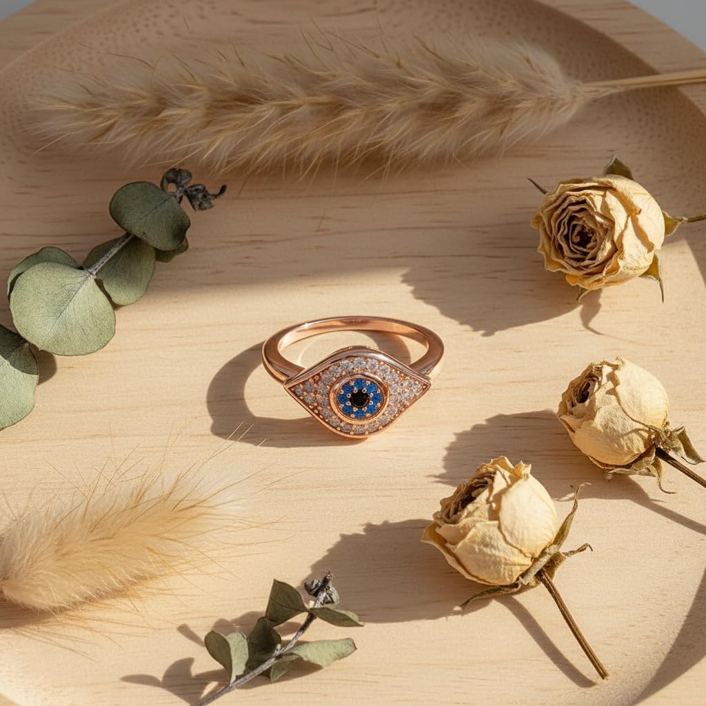 Rhodium Plated Sterling Silver Womens Blue Cz Evil Eye Ring Size 4-11