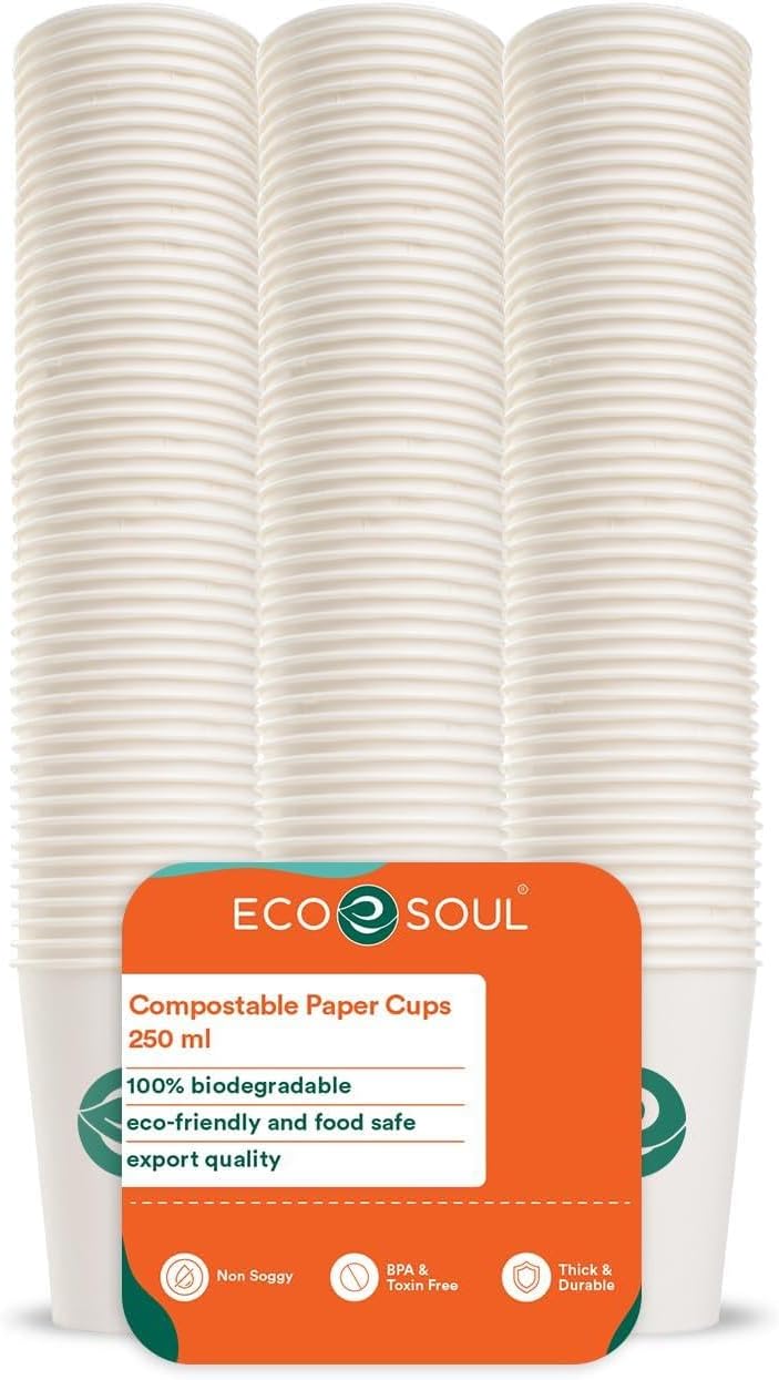 ECO SOUL [250 ml, 100 Count] Disposable White Paper Cups| Plastic-Free Aqueous Coated | Eco-Friendly & Biodegradable Cups | Use & Throw Party Glasses | Ideal for Tea, Coffee & Water | 250 GSM
