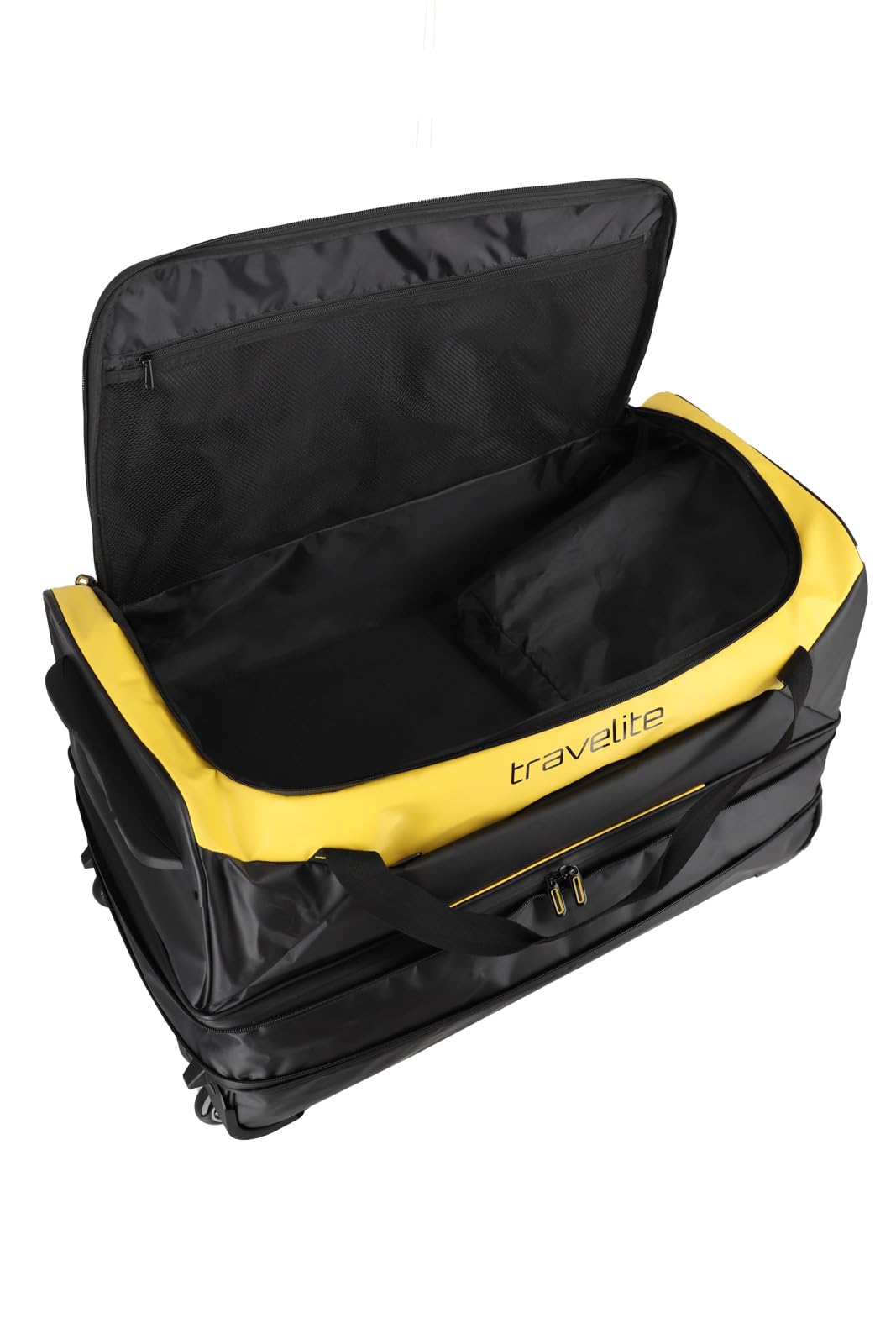 Travelite Borsa da viaggio trolley con ruote in materiale idrorepellente, Basics bagaglio morbido con soffietto espansione, 70 cm, 98-119 litri, Giallo