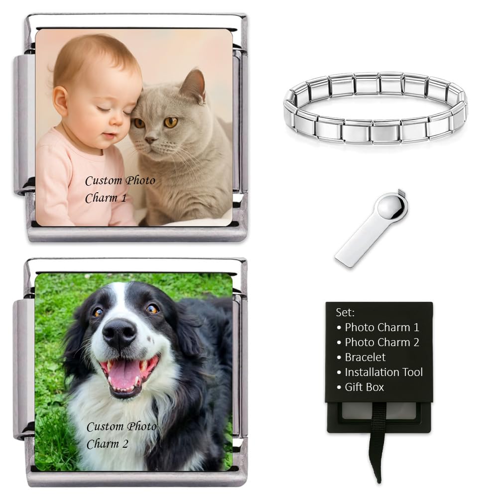 Andska Personalised Photo Charm Bracelet Set – 2x Custom Image Charms with Italy Style 9mm Modular Link Stainless Steel Bracelet, Tool & Gift Box