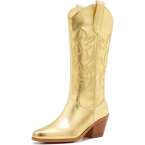 Western Cowboy Boots for Women - Mid Calf Embroidered Cowgirl Boots, Slip On Pointed Toe Chunky Heel Fashion Retro Classic Boots
