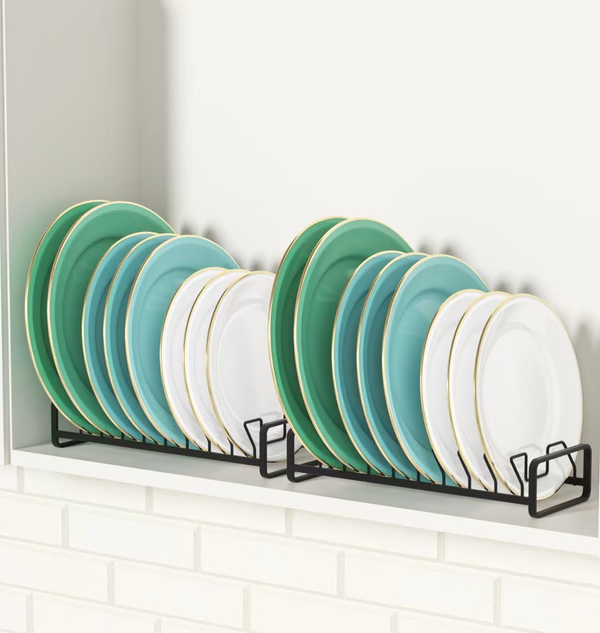 Plate Organizer for Cabinet (2-Pack),Kitchen Dish Rack Organizer for Cabinet Countertop Drawer Space Saver，8 Slots Vertical Plate Holder Storage Rack, Housewarming Kitchen Gifts for Women (Black)