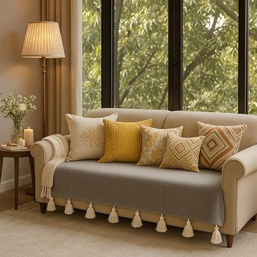 WWW.THROWPILLOW.IN Light Grey 2 Seater Sofa Cover with Tassel | Boho Sofa Throw for Two Seater Couch, Small Wooden Sofa, Love Seat, Settee, Bench | 2 Seater Sofa Seat Cover|