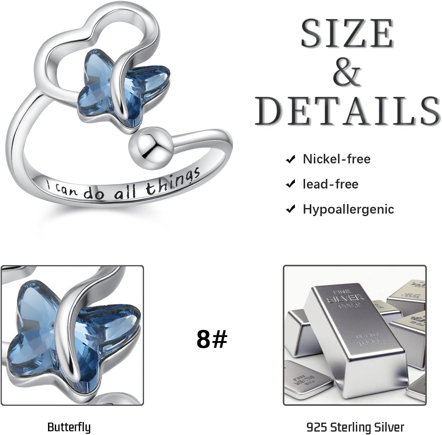 Butterfly Ring 925 Sterling Silver Adjustable Open Crystal Butterfly Rings Jewelry Gifts for Women Girlfriends Birthday - Image 3