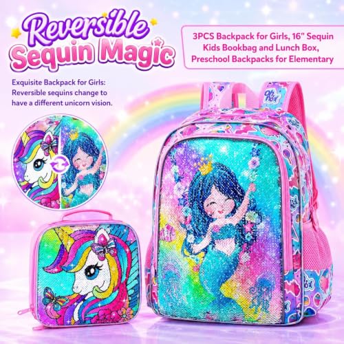 Image of 3PCS Unicorn Backpack for Girls, 16 inch Kids Bookbag with Lunch Box，Sequins School Bags for Elementary Preschool Kindergarten (Pink)