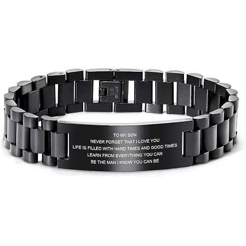MEALGUET Stocking Stuffers for Son : Stainless Steel Courage Inspirational Message Engraved Bracelets Gifts for Birthday Christmas from Mom Dad, Gift Idea to Son,Customizable