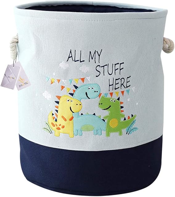 Znvmi Kids' Toys Storage Basket Canvas Thicken Laundry Basket Large Folding Washing Bin Baby Clothing Storage Nursery Organizer - Dinosaur/Blue