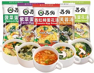Egg Flower Soup Mix Instant Vegetable Soup 6g/Bag, Freeze-Dried Mixed Flavors, Seaweed, Tomato, Spinach, Cabbage, Vegan Chinese Soup, Healthy Breakfast, Nutritious Snack, 5 Bags