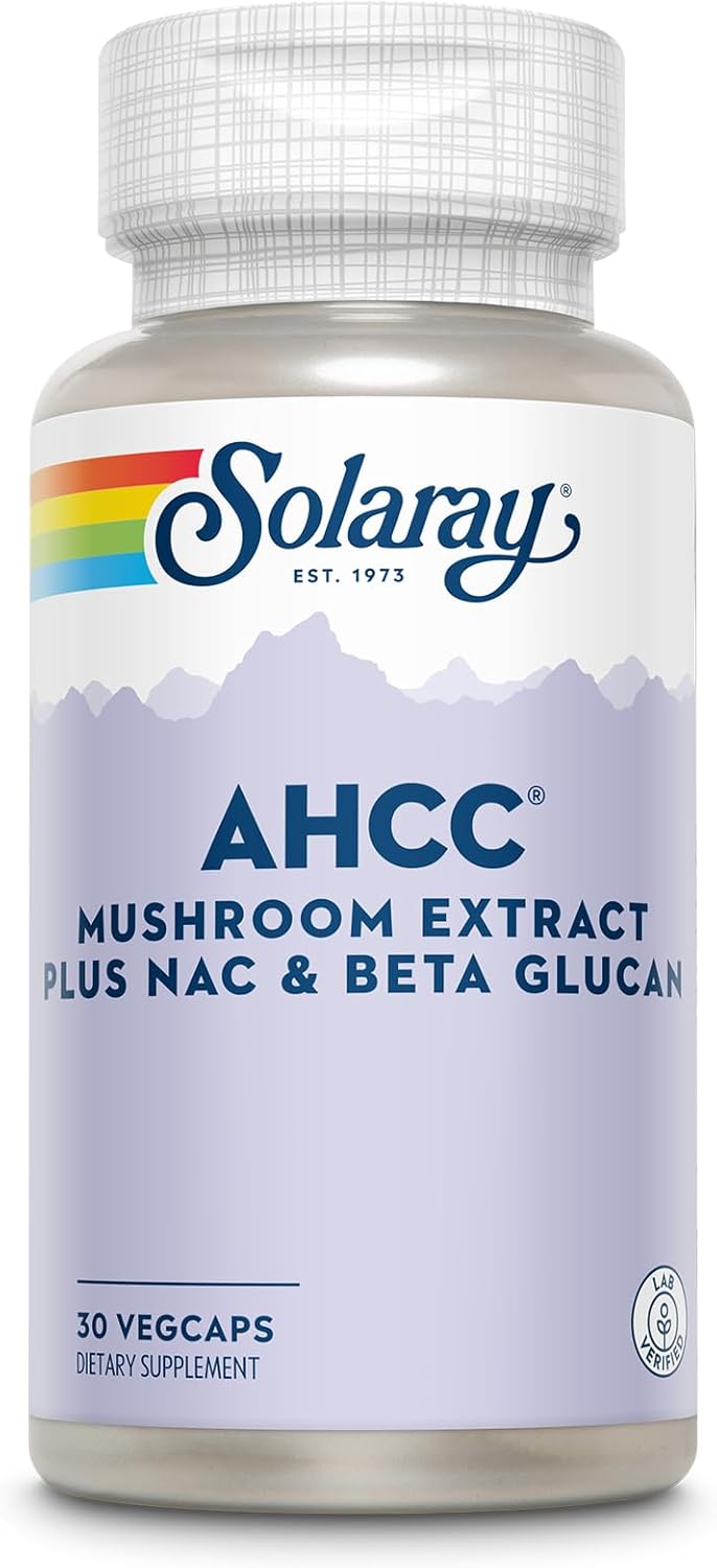 SOLARAY AHCC Mushroom Supplement Plus NAC and Beta Glucan - Mushroom Complex for Powerful Wellness Support - 60-Day Guarantee, Lab Verified - 30 VegCaps, 30 Servings