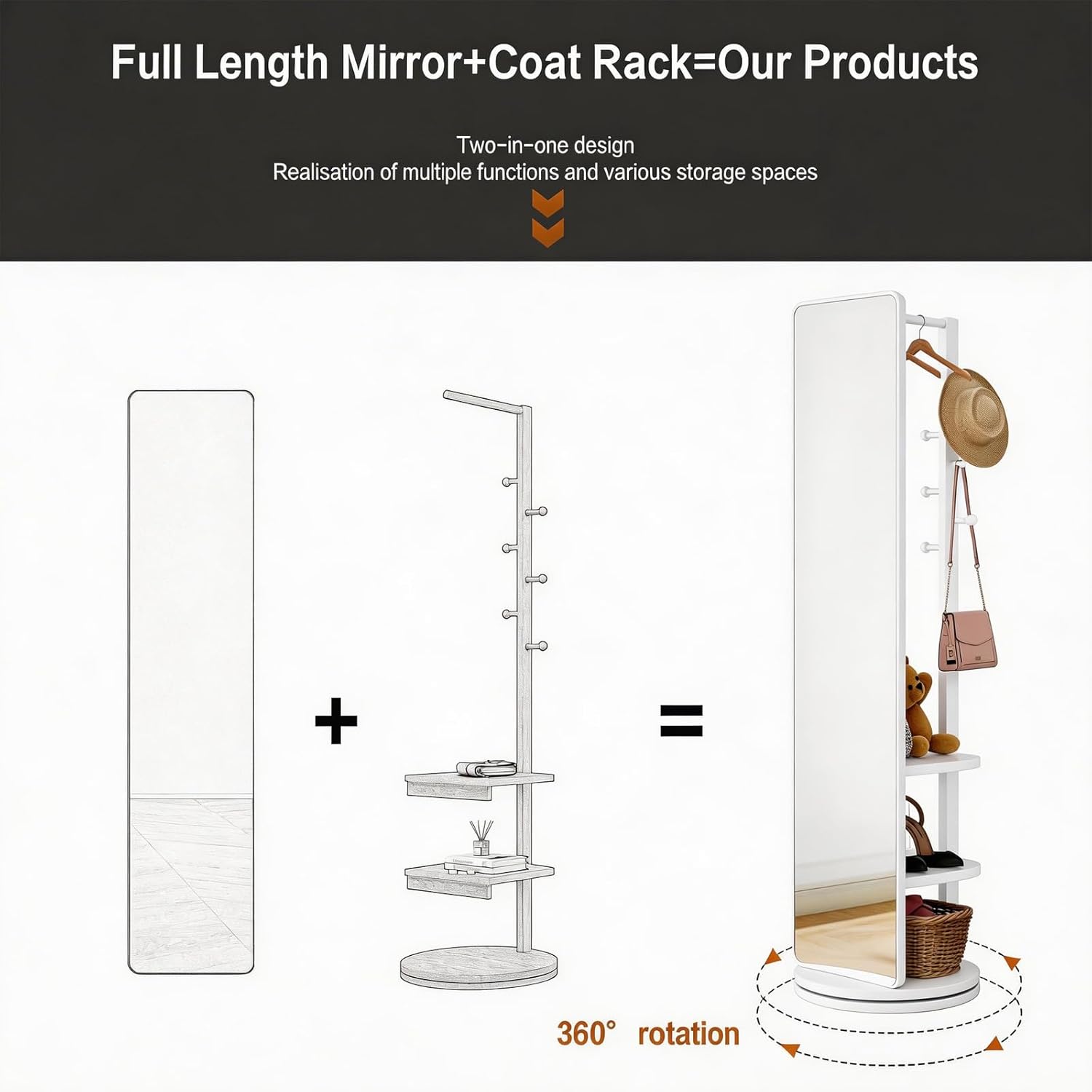 Solid Wood Full Length Mirror with Coat Rack, 360° Rotating Mirror with Storage for Bedroom, Living Room, Hallway, Small Space(White) 69"x16"