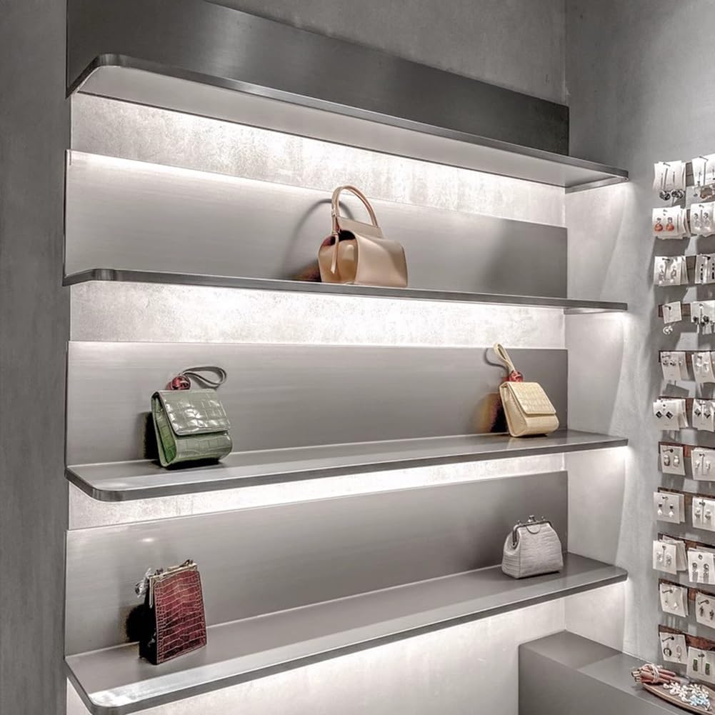 Stainless Steel Metal Wall Shelf Shoe Rack with Lamp - Stylish Display for Shoes & Clothing, Space-Saving Storage Solution for Home & Retail,Silver,120x30x30cm