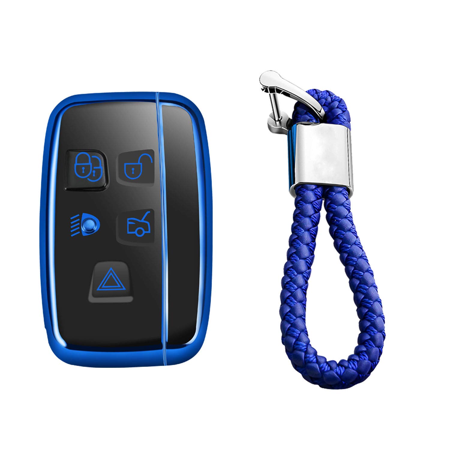 M.JVisun Soft Carbon Fiber Finish Car Key Fob Cover For Land Rover Discovery 4/Sport Freelander 2 For Range Rover Evoque/Sport/Velar Electroplated TPU Case With Metal Keychain - Blue — view 18