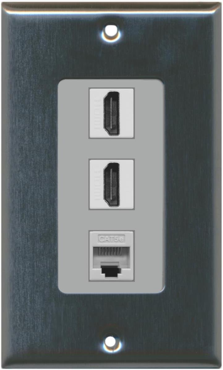 RiteAV - 2 HDMI and 1 Cat5e White Ethernet Port Wall Plate Decorative - Stainless Steel/Gray