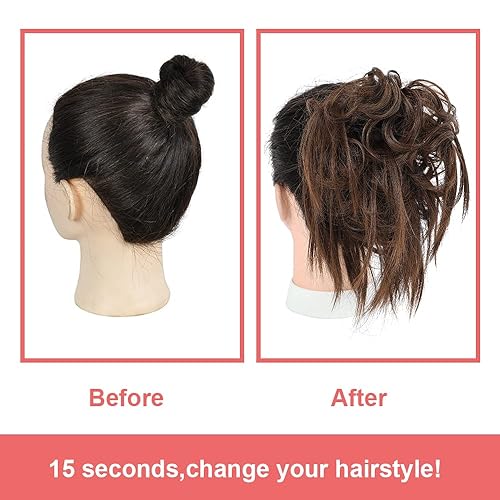 Miniatura 4 de KETHBE Pieza de pelo de moño desordenado, pelo sintético despeinado, coleta corta con banda elástica de goma para mujeres (castaño marrón)