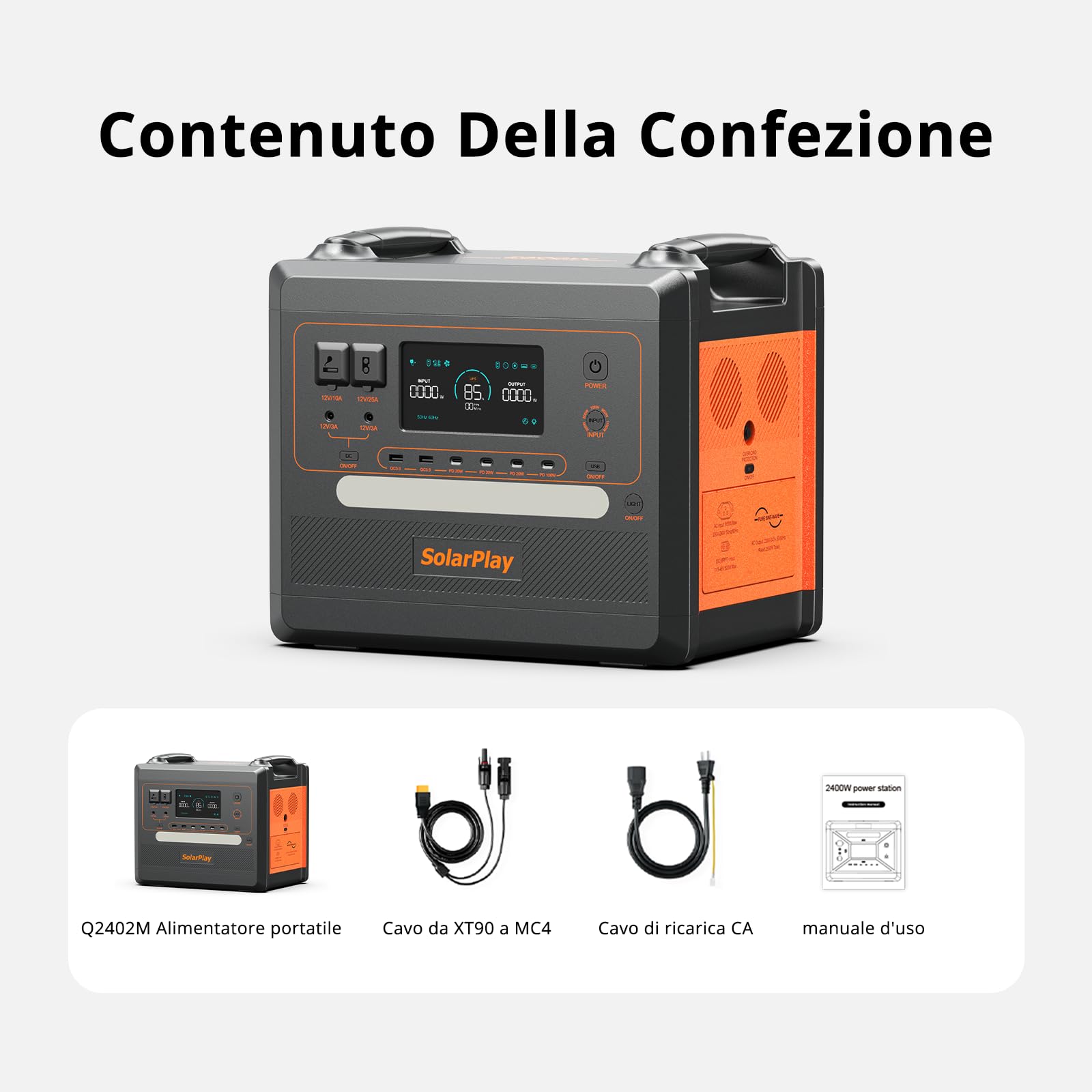 SolarPlay Q2402M Generatore Di Corrente Portatile 2304 Wh LiFePO4, 2500 W Uscita Continua, Ricarica Solare Rapida, Generatore Portatile per Campeggio, Emergenza e Backup Casa