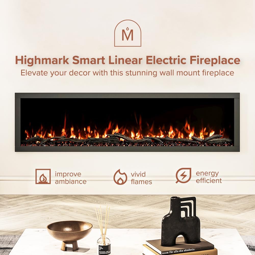 Modern Ember Highmark 72 Inch Smart Linear Electric Fireplace - Premium Flame with 10 Colors, Sleek Hidden Vent Design, Install Recessed in-Wall or Wall-Mount, WiFi Enabled.