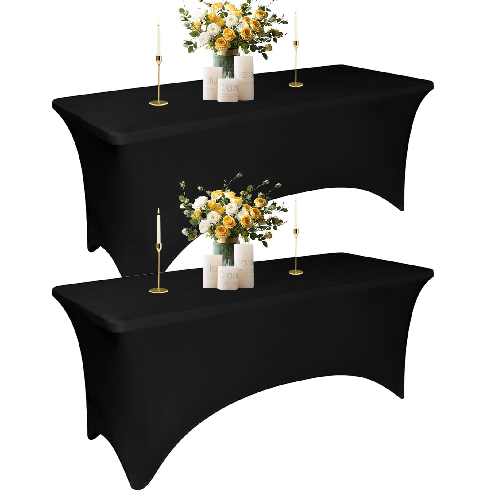 Yemosa Black 2Pack Spandex Table Covers For 6 Foot Tables - 6 Ft Universal Rectangular Fitted Stretch Tablecloth Protector, Washable And Wrinkle Resistant, Perfect For Trade Shows, Wedding