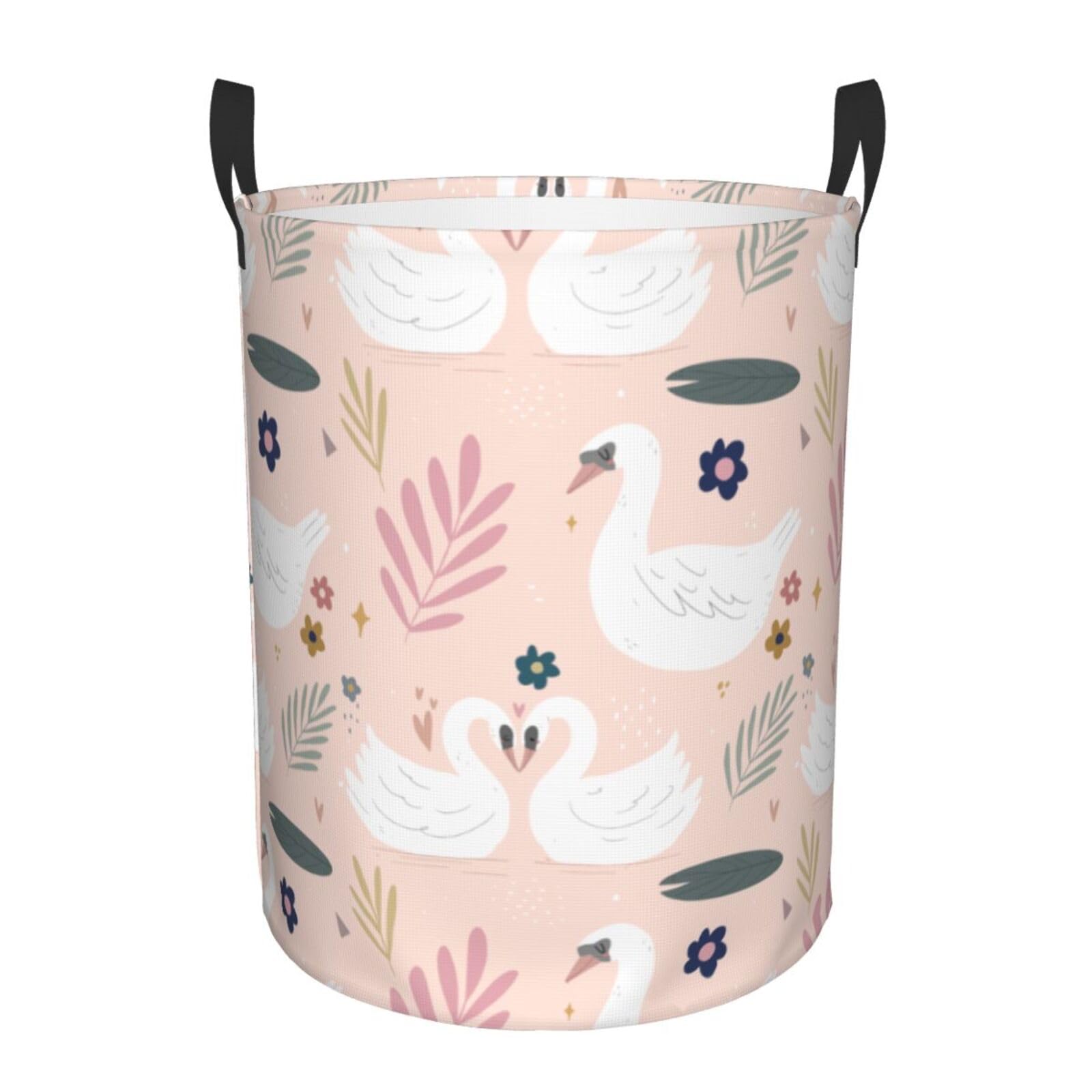 itin Laundry Basket Hamper, Waterproof White Swans Pink Print Clothes Hamper Storage Baskets with Handles for Laundry Room Bathroom Bedroom Living Room Car, M-62L