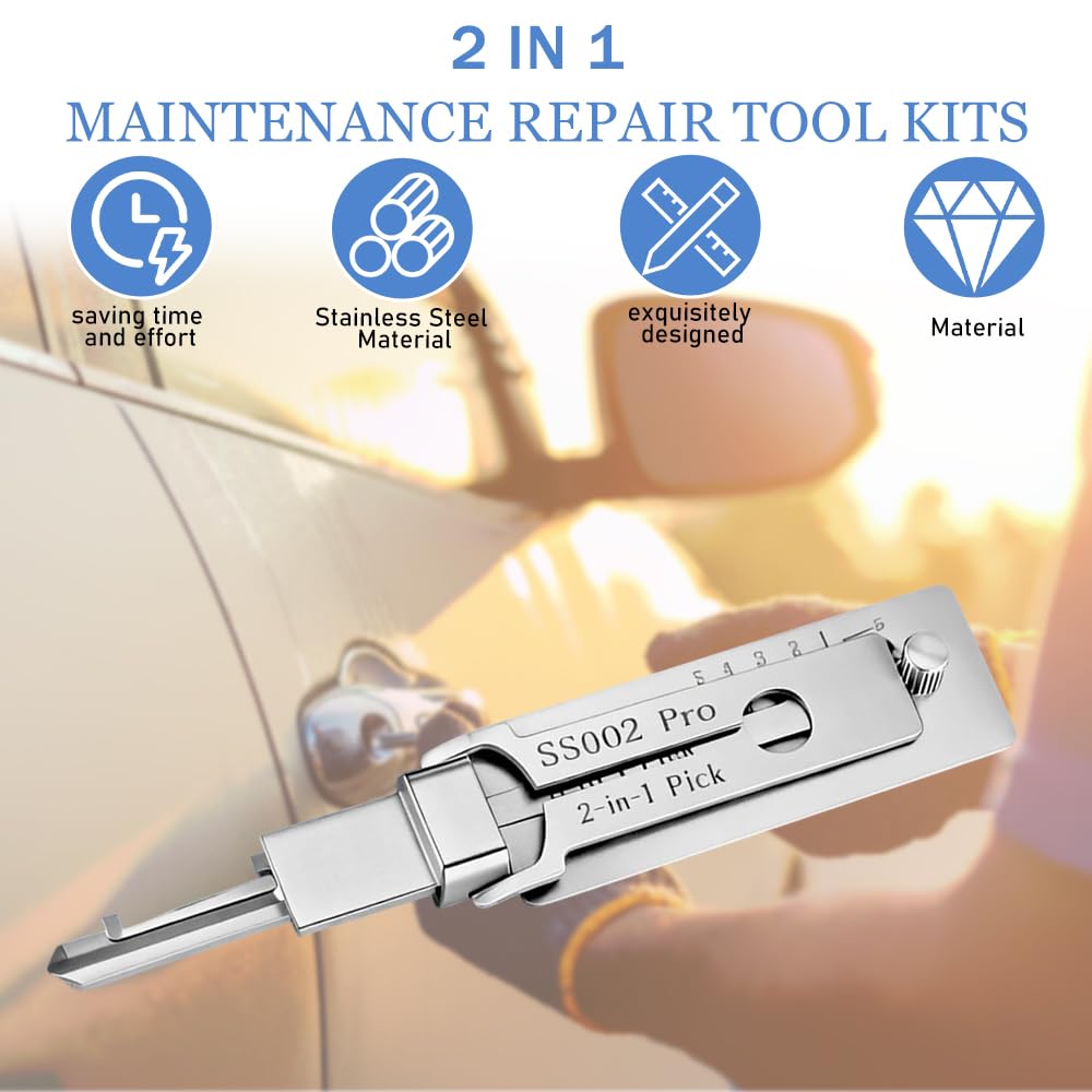 2-in-1 SS002 Pro Dietrich-Set für S-Rillenschlösser, Edelstahl-Schlüsseldecoder & Dietrichwerkzeug, Kompatibel mit Auto/Hausschlössern, Leicht & Präzise für Anfänger & Profis