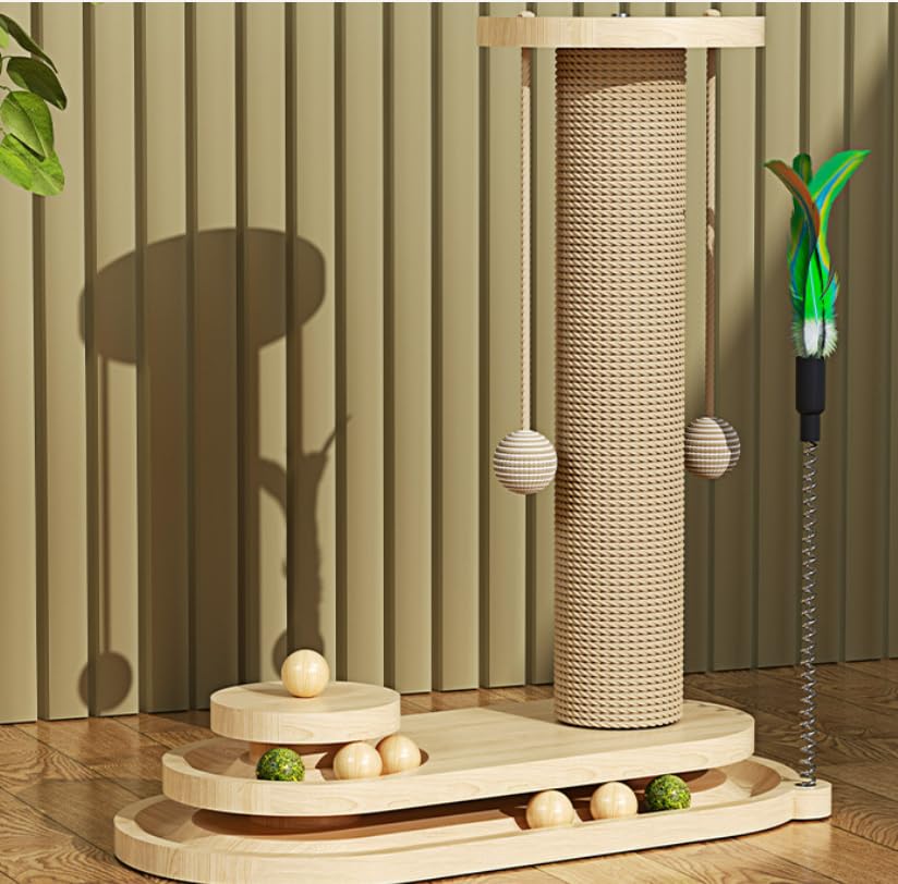 Image of Solid Pine Wood Cat Toy Scratching Post with Roller Ball Track, Catnip Balls & Feather Teaser - Sisal Scratcher Tower for Indoor Cats, Durable Wooden Toy- Single Tower
