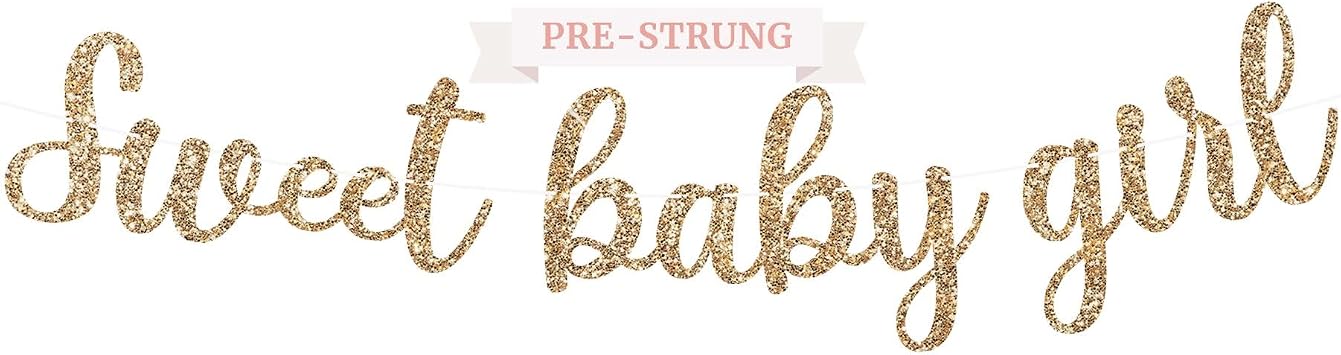 Pre-Strung Sweet Baby Girl Banner - Gold Glitter Gender Reveal Banner