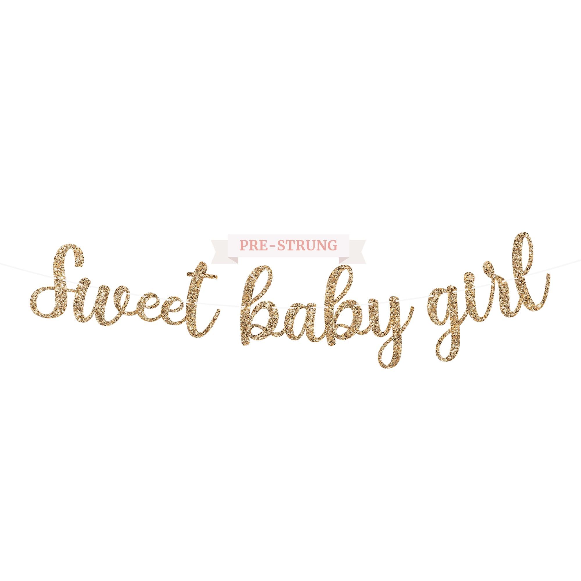 Pre-strung Sweet Baby Girl Banner - No DIY - Gold Glitter Gender Reveal Party Banner for Girl - Pre-strung Garland on 8 ft Strand - Baby Shower Party