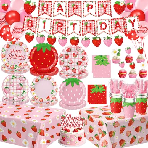 Strawberry Birthday Decorations Includes Plates Napkins Cups Cutlery Cupcake Toppers Banner Tablecloths Balloons for Berry First Strawberry Shortcake Birthday Decorations Serves 24