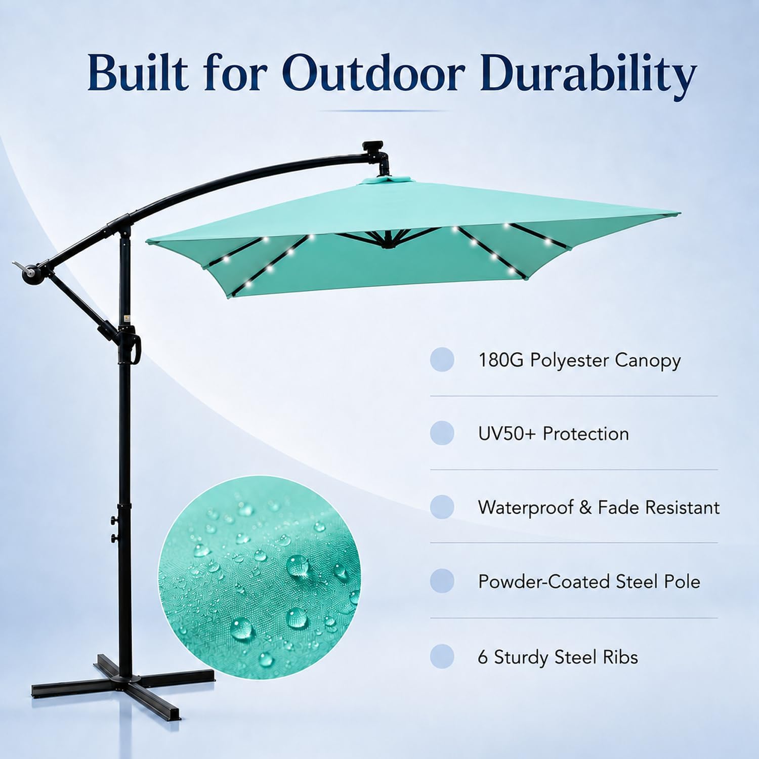 10x6.5FT Patio Umbrella, Outdoor Offset Umbrella with Cross Base and Crank, Rectangular Cantilever Umbrella with Solar Lights, Hanging Market Umbrella with 6 Rids for Pool, Deck, Backyard (Turquoise)