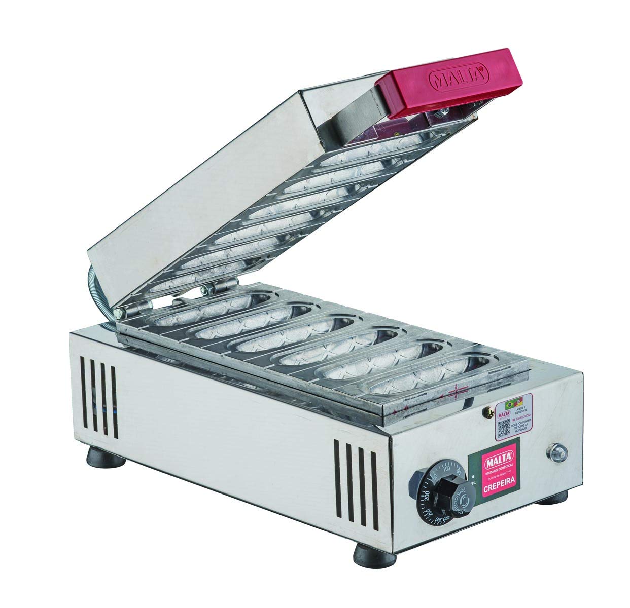 Malta Crepeira Elétrica 6 Cavidades 127V Inox 1500W Prensa Alumínio Maciço com Termostato
