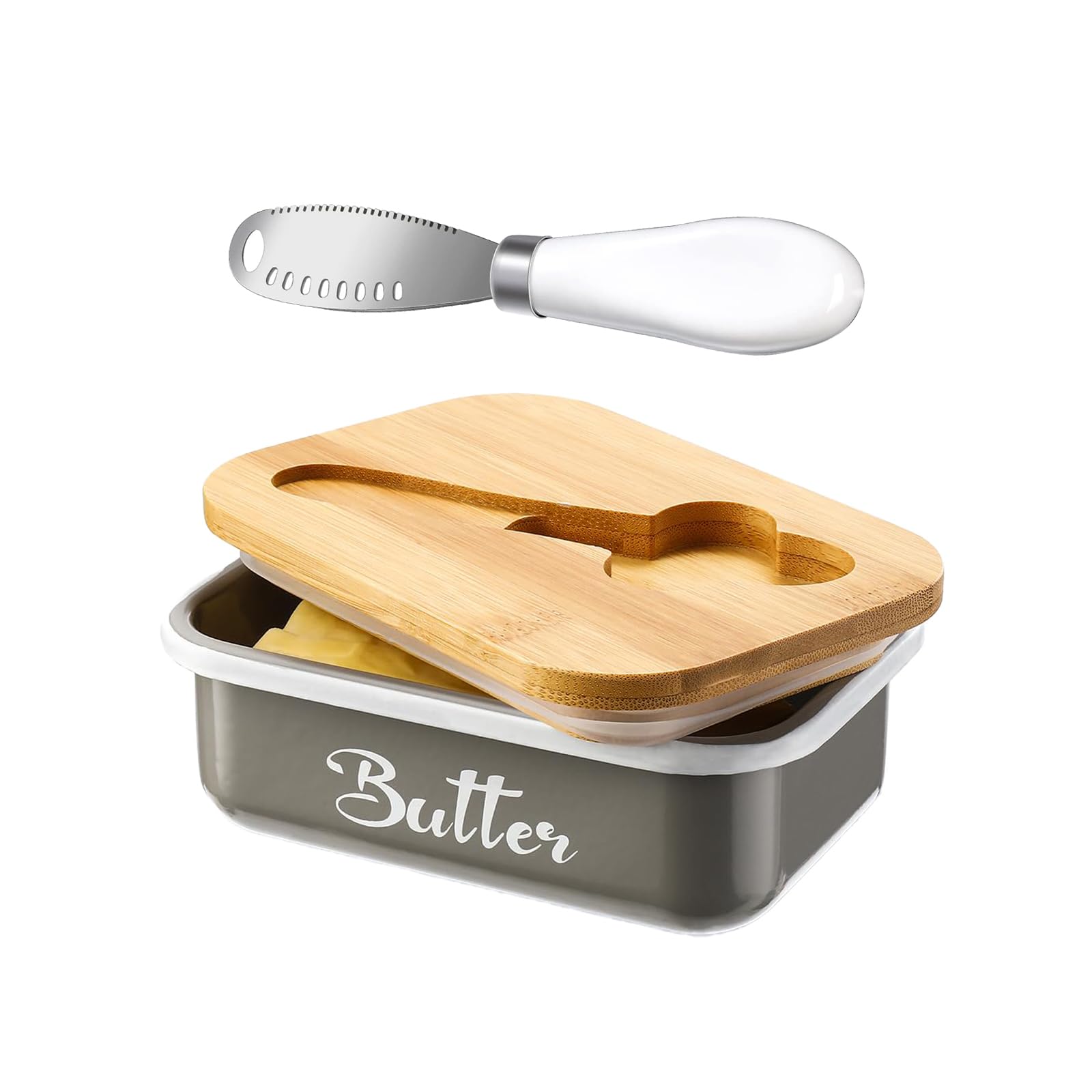 Butter Dish with Lid,Metal Butter Keeper with Stainless Steel Multipurpose Butter Knife,Lightweight Unbreakable Butter Container for Countertop Upgrade Double Silicone Seal