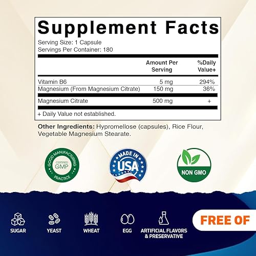 Miniatura 2 de Vitamatic 2 Pack- Magnesium Citrate 500mg per Serving - 180 Vegetarian Capsules (Provides 150 mg of Elemental Magnesium) - Added B6 for Maximum