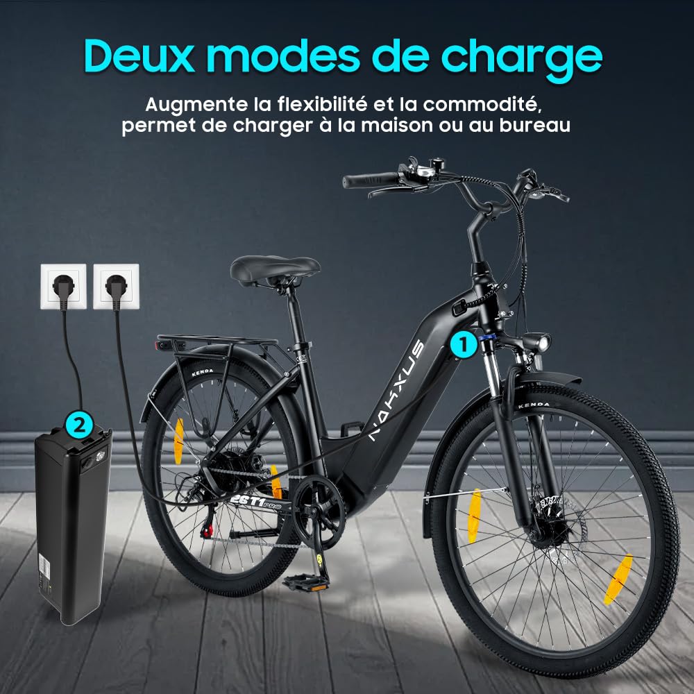 Vélo électrique 26T1 - 26 pouces - Batterie amovible 36 V 18,2 Ah - Moteur 250 W - Écran LCD - 7 vitesses - Autonomie 90-130 km - 25 km/h - Étanchéité IPX5 - Pour adultes
