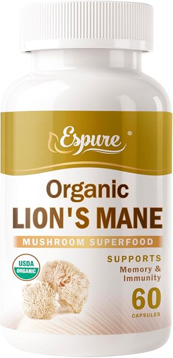 Organic Lions Mane Capsules - Memory, Focus & Immunity Support, 1500mg, 30% Polysaccharides, Lab Tested, Non-GMO, Gluten Free, 60 Vegan Capsules