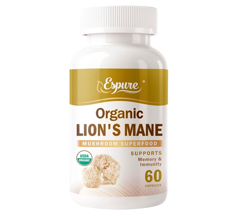 Espure Suplemento de Cogumelo Juba-de-Leão Orgânico 1500 mg, 30% de Polissacarídeos, 60 Cápsulas Veganas