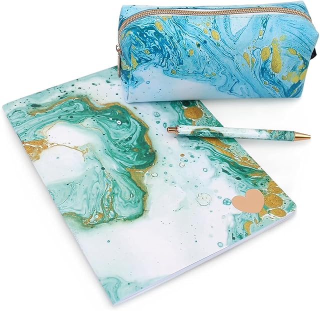 Fashion Stationery Gifts for Her Pencil Case Note Book Notepad Marble Ballpoint Retractable Pen Set Girls Teenagers Women (Mint)