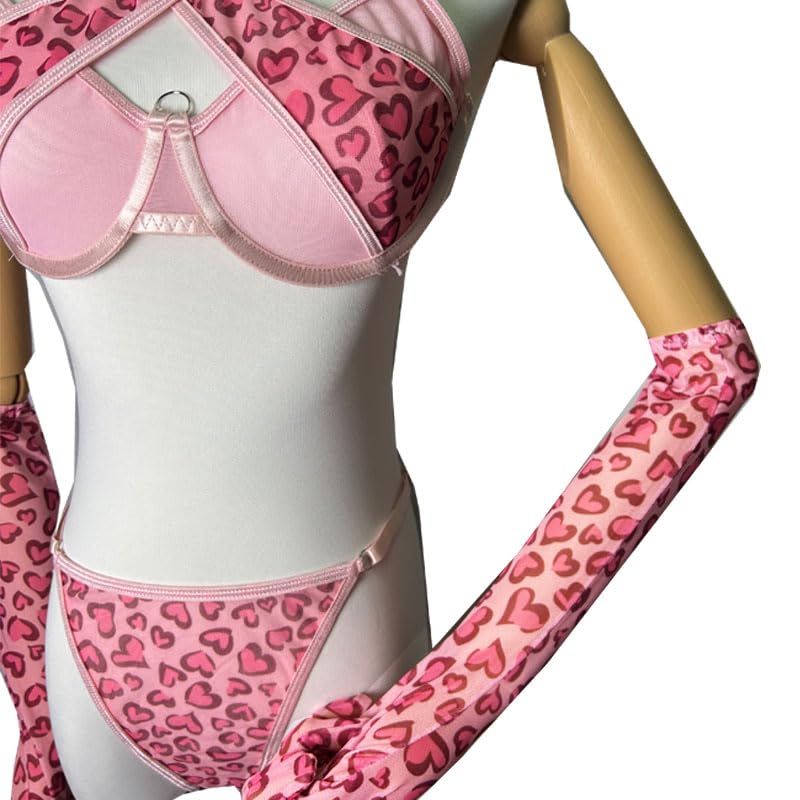 Women's Two Piece Love Loop Lingerie Leopard Print Cheeky Bikini Sets Sexy Halter Ring Triangle String2