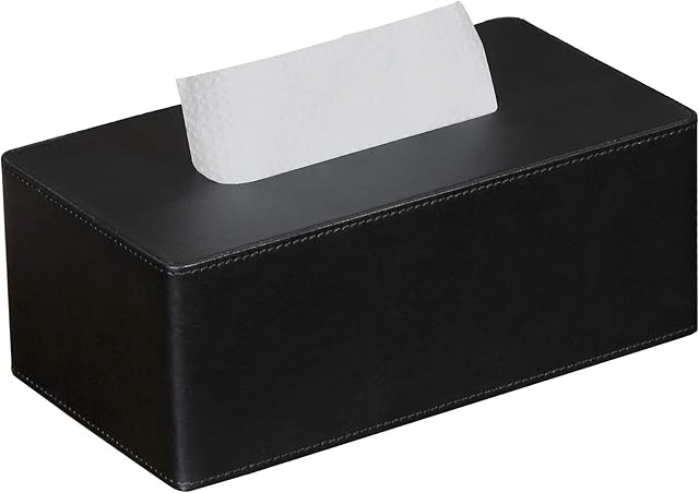 Tissue Box Cover Rectangular PU Leather Facial Tissue Dispenser Box Holder for Dresser Bathroom Decor (Black)