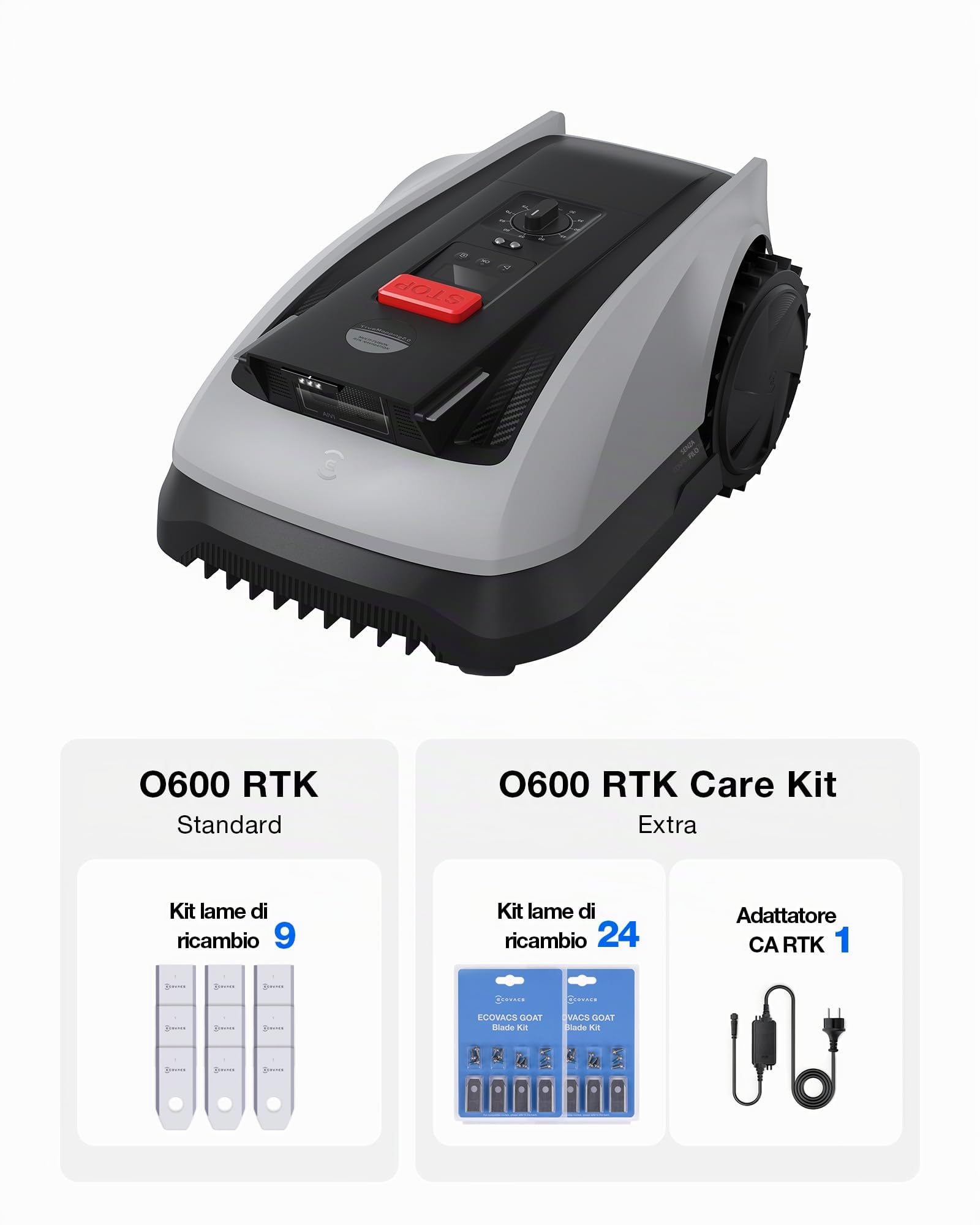 ECOVACS Goat O600 RTK Care Kit Robot Tosaerba Senza Cavi Perimetrali, per Aree Fino a 600 M², Navigazione RTK+Vision, Evita Ostacoli con IA, Controllo via App, Passaggio in Spazi da 0,7 M