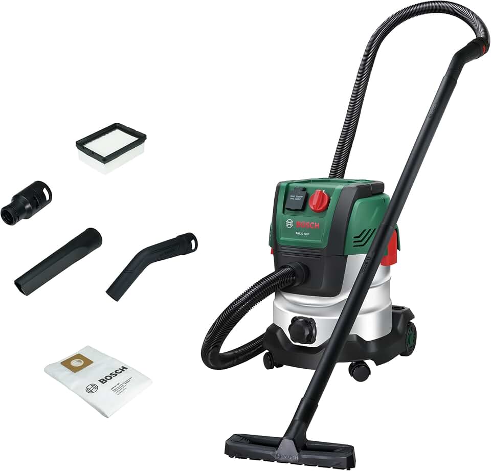 Bosch Aspirador con Cable PAS20-220P (Tubos de extensión (plástico), Manguera de aspiración de 2,2 m, Tubo Flexible/acodado, boquillas para Suelos y Ranuras, Filtro Plisado Plano, UniversalAdapter)