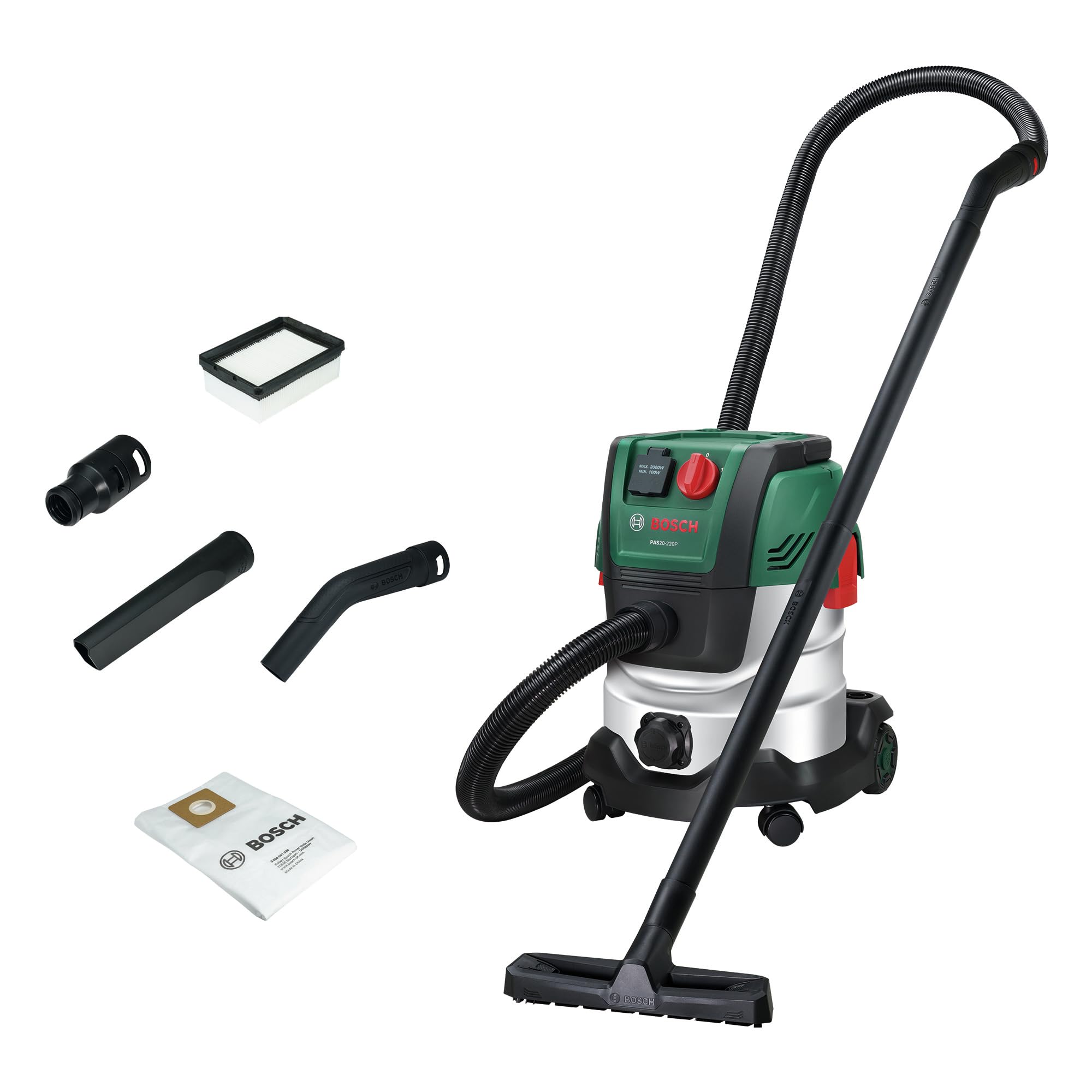 Bosch Nass- und Trocken Staubsauger PAS20-220P (Verlängerungsrohre (Kunststoff), Saugschlauch 2,2 m, Griff-/Winkelrohr, Boden-/Fugendüsen, Vliesbeutel (Uni), Flachfaltenfilter, UniversalAdapter)