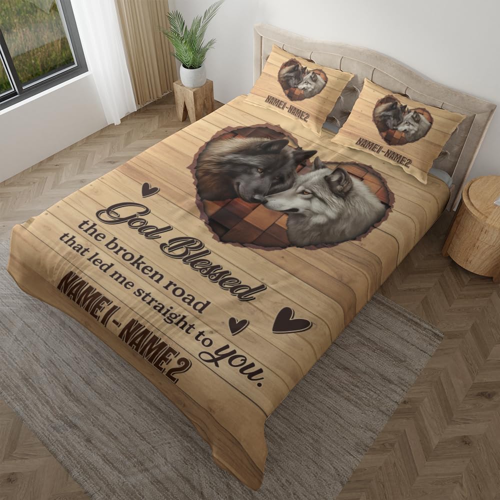 Camelliaa Shop Personalized Wolf Couple Bedding Set, Wolf Couple Bedding Set, Valentine's Gift for Couple