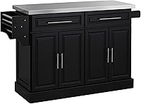 HOMCOM 47" Stainless Steel Kitchen Island Cart on Wheels - Rolling Portable Table with Drawers, Adjustable Shelves, Spice Knife Towel Racks, Black