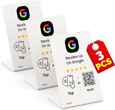 Google Review Stand 3 PCS- Boost Reviews w/Reusable Google Review Tap Card Stand & QR Code Stand -No App, No Subscription- Android & iPhone Compatible -Boost Google Reviews for Online Growth