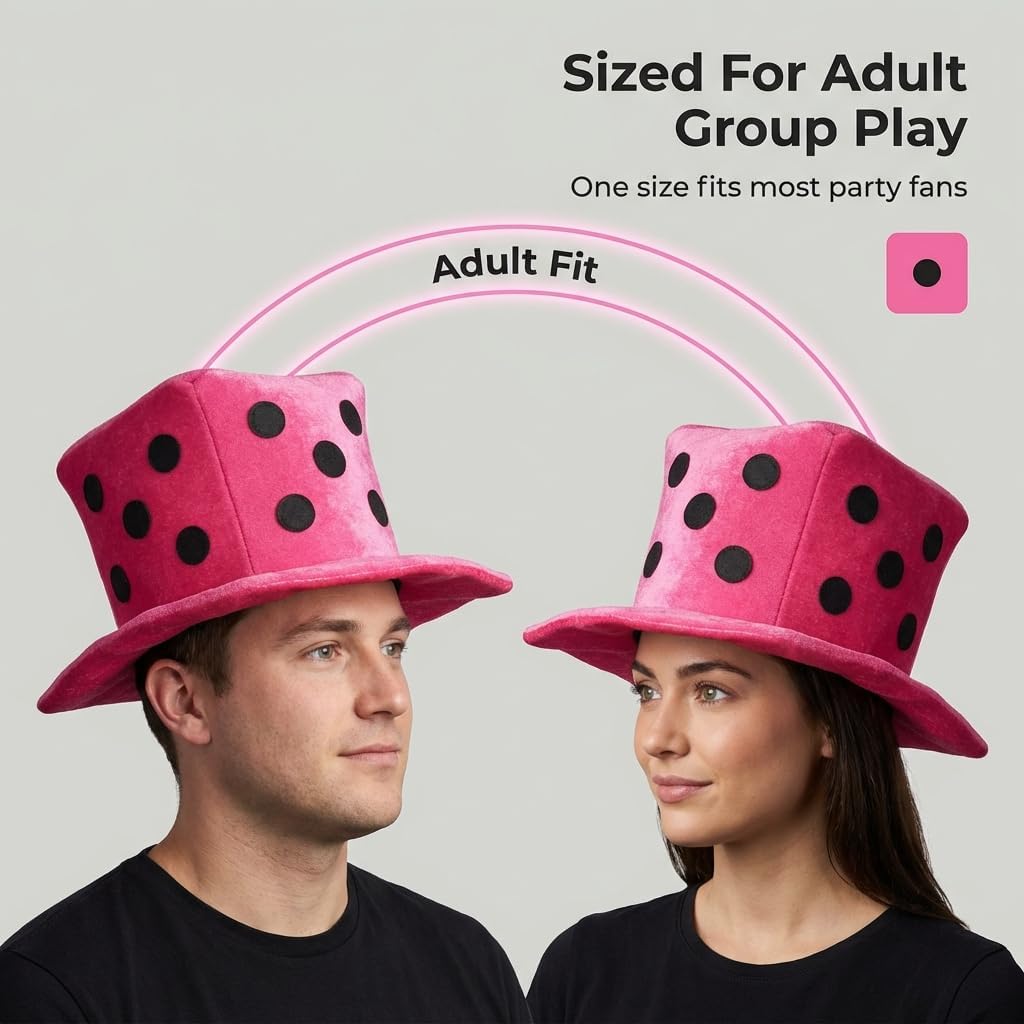 Hot Pink Dice Hat – Bunco Party Hat, Casino Night Costume, Halloween Fuzzy Plush Dice Hat, Gambling Theme Party Accessory, Big Novelty Dice, Adult Medium Fit, Dryer Reshapable, Ships Flat