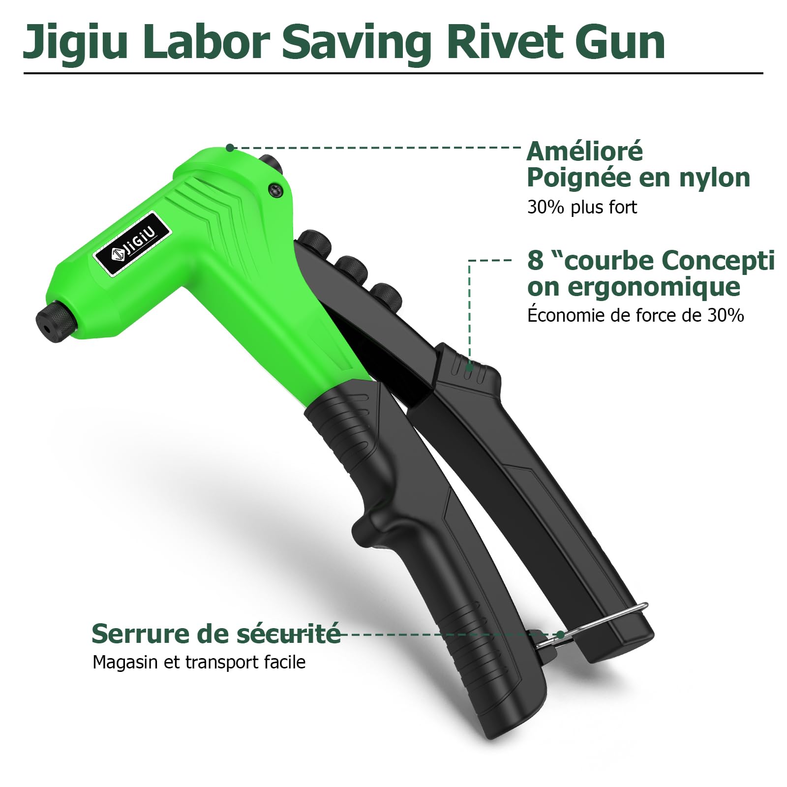 JiGiU Pistolet à Rivets avec 200 Rivets, Kit de Pistolet à Rivets à Main, Outil de Rivetage Manuel Professionnel avec 4 Embouts Interchangeables Sans Outil, Design de Poignée Ergonomique