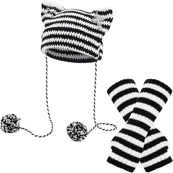 Crochet Hats for Women, Cat Beanie Y2K Beanies Grunge Accessories with Arm Warmers Slouchy Beanies for Women