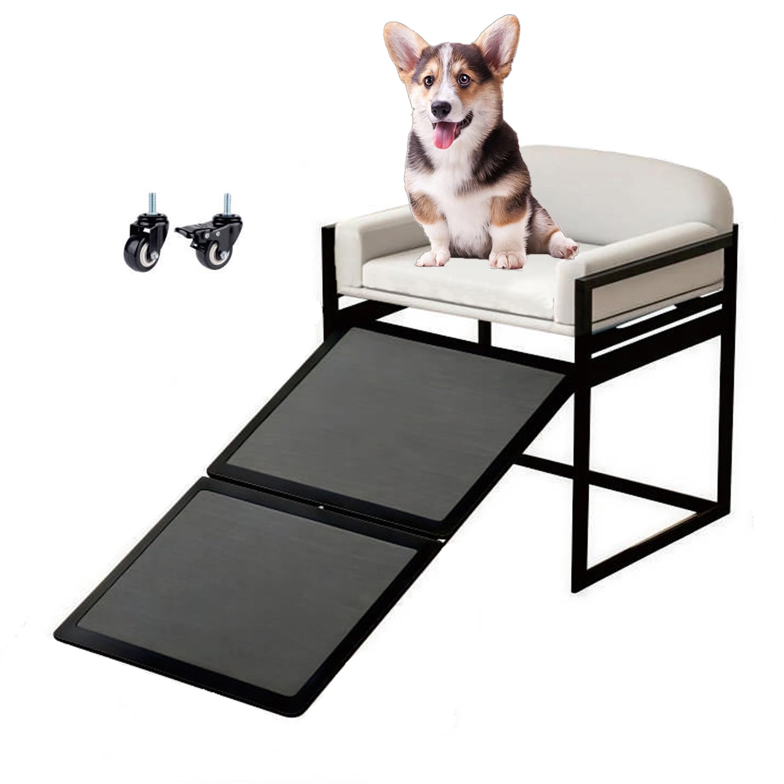 Rampas Plegables para Perros con Cojín De Asiento, Escalera Antideslizante para Mascotas para Subir A La Cama O Al Sofá, Escalón para Perros Pequeños Y Medianos, Marco De Metal,Beige,with Wheels