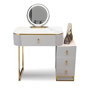 Tocador De Maquillaje con Espejo Y Taburete, Escritorio De Maquillaje con Cajones, Luz Táctil Ajustable En 3 Colores, No Necesita Instalación, 60/70cm, Gris-Blanco(60cm)
